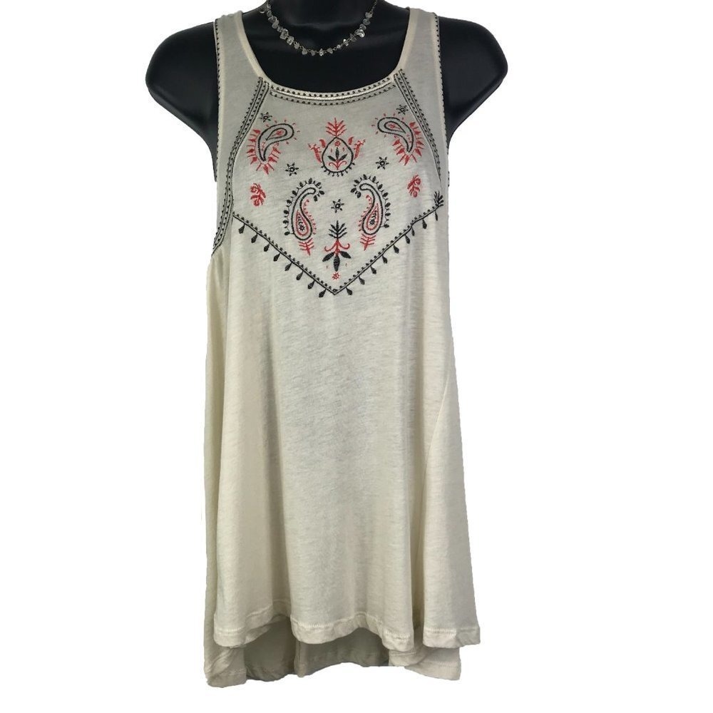 Womens Paisley Embroidered Tank Top Small Cream Boho Festival Western Hippie